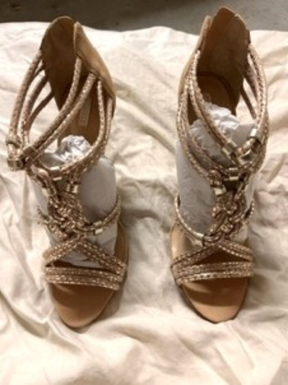 **BRAND NEW, NEVER WORN** Schutz Rose Gold Foil Suede Strappy 2" Heels